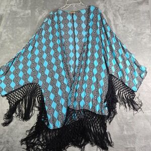 Democracy‎ Kinono Womens XL Turquoise Black Geometric Open Front Fringed Coverup